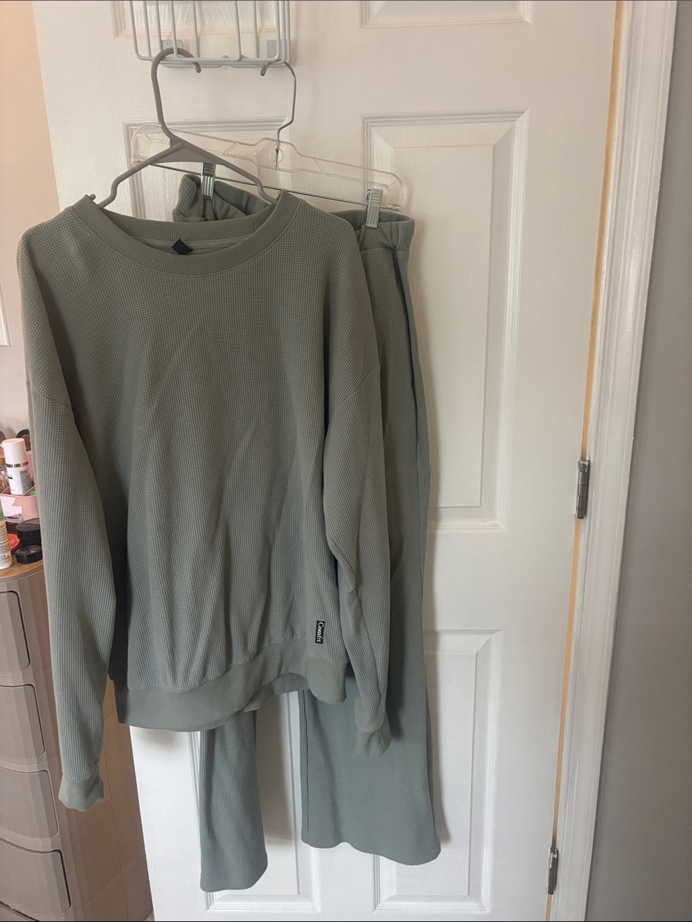 Women's Comfrt Waffle Knit Crewneck Sweatshirt and pant set in sage green.